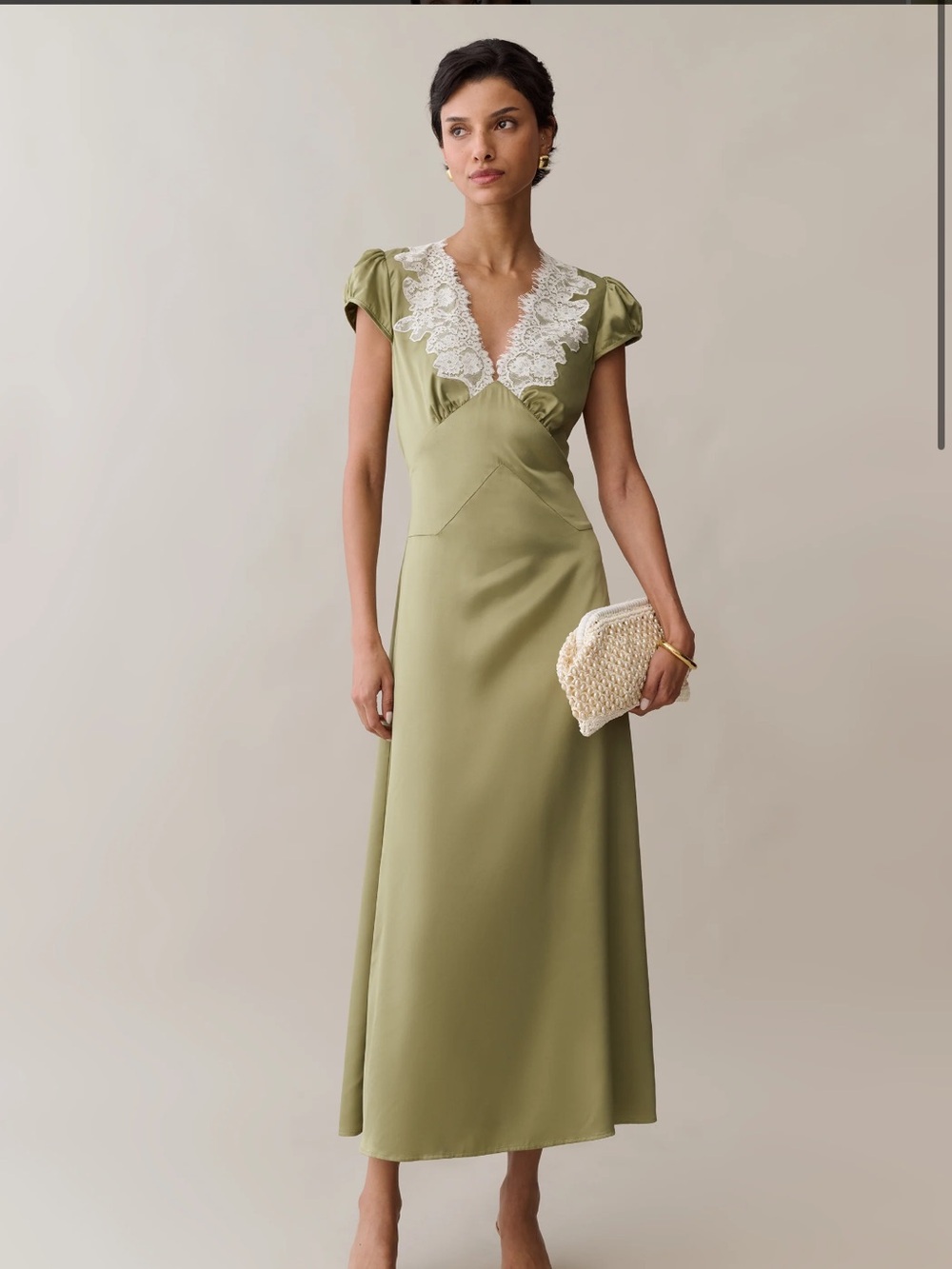 Elegant Olive Green Maxi Dress with Lace V-Neck